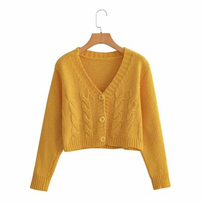 China Autumn Women European Short Design Anti-wrinkle Long Sleeve Girls Cable-knit Solid V-Neck Bohemian Cardigan for sale