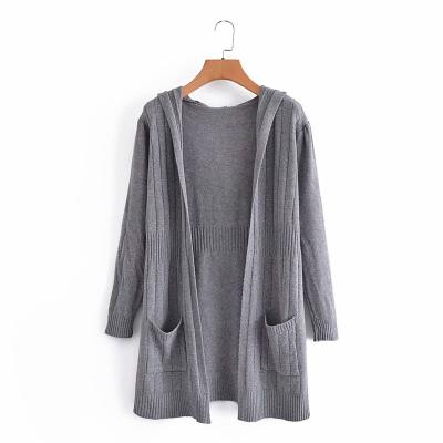 China Anti-wrinkle Women Winter Warm Merino Wool Version Solid-color Korean Down Knitted Hooded Cashmere Long Cardigan for sale