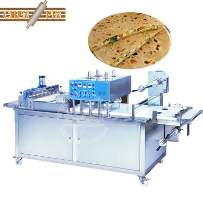 China Paratha dough ball press and film covering automatic frozen aloo paratha pressing maker making machine high quality fully automatic for food industries for sale