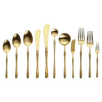 China Sustainable hot selling premium quality round handle gold plated 304 stainless steel flatware dinnerware hotel wedding flatware sets for sale