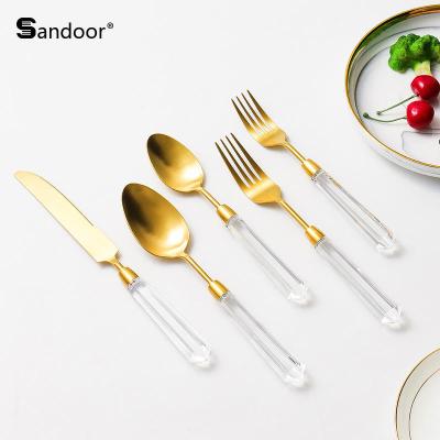 China 035 Viable Diamond Series Stainless Steel Cutlery Set Acrylic Handle Flatware 5pcs Knife Fork And Spoon For Restaurant Hotel And Family for sale