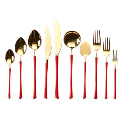 China Viable Chinese Design Red Gold Dinnerware Set 304 Stainless Steel Flatware Gold Plated Cutlery Set For Gift Wedding for sale