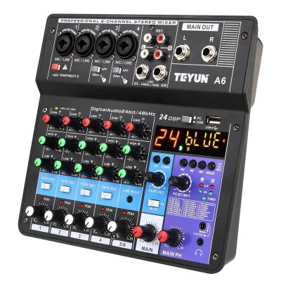 China Portable Wireless Audio Mixer 6-Channel Console USB Sound Mixing Interface Computer Input 48V Phantom Power Monitor for teyun A6 for sale