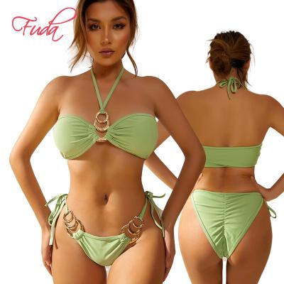 China Custom FUDA AC77 logo rhinestones beachwear bikinis swimwear 2023 print swimwear kids swim wear bikini ribbed style string breathable for sale