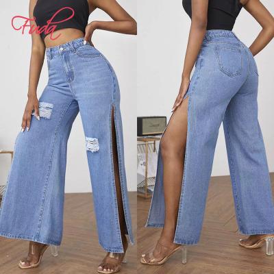 China FUDA AG09 high waist ladies jeans QUICK DRY high pants plus size flared wide leg jeans women canvas clothing women jeans for sale