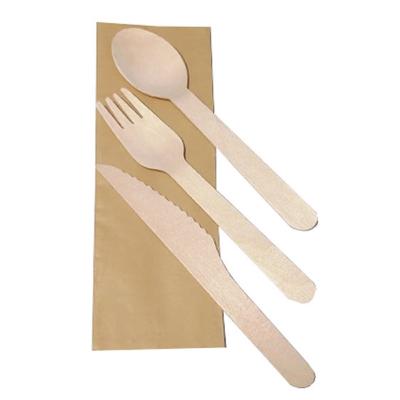 China 100% Mechanical Automation Biodegradable Compostable Wooden Utensils Disposable Wooden Cutlery Packed in Kraft Paper Pocket Flatware Set for sale