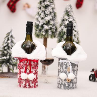 China Hot Wine Bottle Cover Amazon Christmas Gift Party Decorations Ribbon Bow Knitting Artificial Fur Wine Bottle Cover for sale