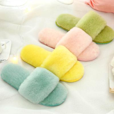 China Fashion Trend Fur Warm Soft Fluffy Slippers Round Open Toe Double Band House Slides Shoes For Ladies Winter Slipper Women for sale