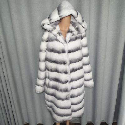 China Fashionable White Viable Stripe Woman Soft Fur Coats For Ladies Chinchilla Natural Fur Real Rex Rabbit Fur Coat for sale