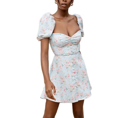 China Anti-Static Stylish Vintage Casual Puff Sleeve Gathered To Burst Women Floral Dress Floral Mini Dress for sale