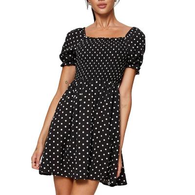 China New Spring Summer Spring Puff Sleeves Polka Dot Print Square Black Casual Elegant Sexy Wholesale Anti-Static Mini Dress For Women for sale