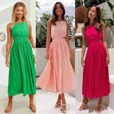 China New Summer Style Women's Sexy Casual Dresses Anti-Static Backless Sleeveless Elegant Waist Cut Midi Length Dress for sale