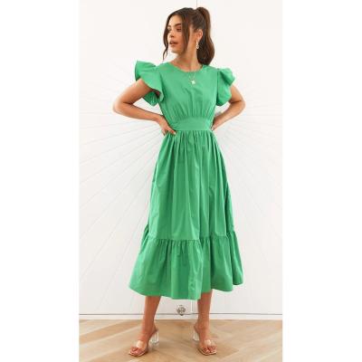 China Spring Waist Anti-Static Luxury Solid Color Summer Ruffled Shorts Soft Pleated Sleeve Midi Casual Dress for sale