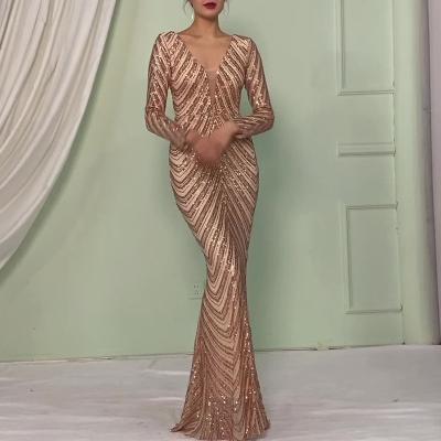 China Hot Selling Anti-Wrinkle Turkish Elegant Formal Women Long Sleeve Dresses Prom Dresses Party Maxi Sequin Dinner Evening Dress for sale