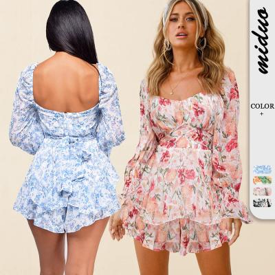 China Hot Selling Fashion Women Square Neck Long Sleeve QUICK DRY Square Ruffle Floral Jumpsuit Dresses for sale