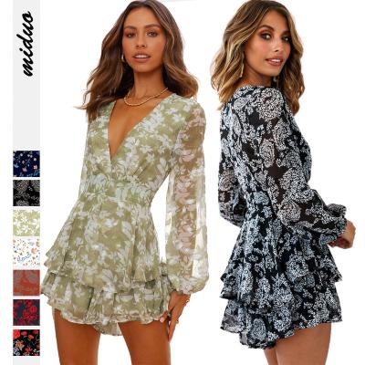 China QUICK DRY multi color V-neck ruffle sleeve NGO drop lace mini dress female casual outfits floral sexy rompers for sale