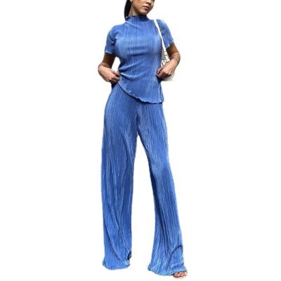 China 2022 Spring New High Neck QUICK DRY Tight T-shirt Spring Blue Top Pleated Wide Leg Pants Temperament Commuter Women Set for sale