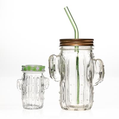 China 350ml 80ml Cactus Type Personal Care Drinkware Plants Shaped Empty Glass Mason Jar Cup With Straw for sale