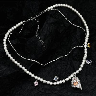 China TRENDY INS Personalized Novelty 925 Silver And Pearl Necklace Double Chain Colored Stone Ghost Necklace Hip Hop Pendant Jewelry for sale