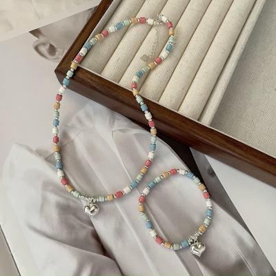 China BOHEMIA Jewelry Hot Sale Handmade Colorful Stone Necklace Jewelry Sets 925 Sterling Silver Heart Pendant Beads Necklaces and Bracelets for Women for sale