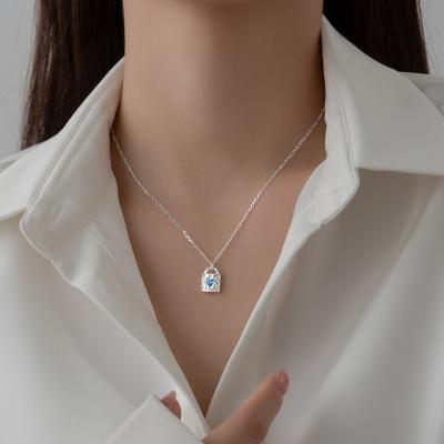 China Fashion Jewelry 925 Sterling Silver Lock Necklace With CZ TRENDY Blue Heart Lock Ins Pendant Necklace For Women Engagement Jewelry for sale