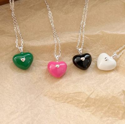 China Fashion 925 Sterling Silver Charm Pink Green Black Enamel White Heart Love Fashion Pendant Necklaces For Women for sale