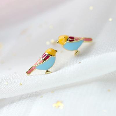 China Cute 925 Sterling Silver Tiny Animal Pet Bird Stud Earrings Enameled Blue Yellow Pink Feather For Women Girls for sale