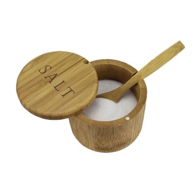 China Freshness Preservation Bamboo Salt Box Bamboo Storage Box With Magnetic Pivot Lid Salt Engraved On The Lid With Bamboo Spoon for sale