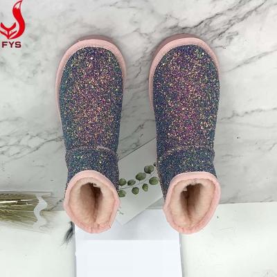 China High quality bling bling leather snow boots sheepskin warm ankle boots waterproof winter snow boots for ladies for sale