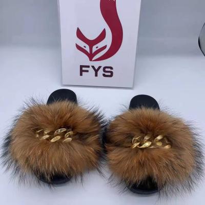 China 2021 Custom Fox/Raccoon Sandals Furry Slippers Flip Flops Diamond Chain Fur Fluffy Slides Breathable For Women for sale