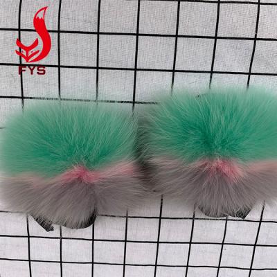 China Custom Made Soft Toddler Kids Color Ruffy Raccoon Fox Real Fur Flat Baby Slips Kids Slippers for sale