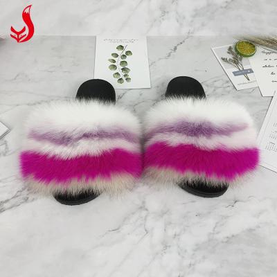 China Custom Colored Fluffy Fluffy Fluffy Flat Slides Designer Fur Flip Flops Fox Fur Slides Big For Women for sale