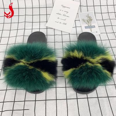 China 2020 Custom Logo Flat Sandals Gray Fur Slides Flip Flop Fuzzy Pink Hairy Slippers for sale