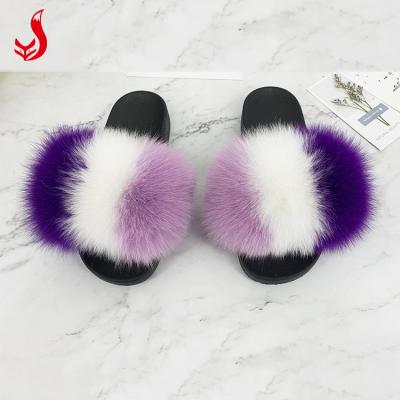 China Custom Fashion Trend Real Fox Multi Indoor Soft Fur Slippers Women Multi Color Fluffy Slides For Women for sale