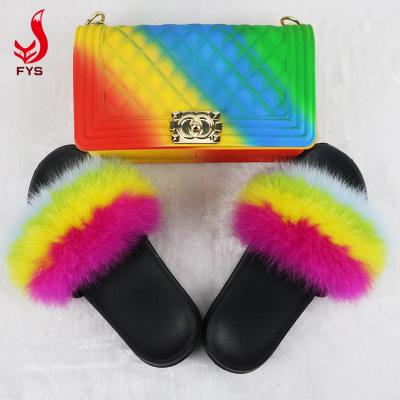 China 2020 Hot Sale Breathable Custom Fur Cross - Body Bag Jelly Purses Women Kids Raccoon Fur Slides With Purse Set for sale