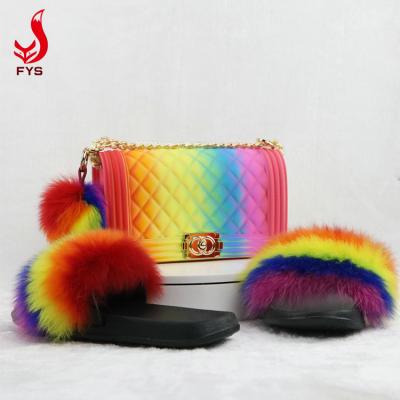 China Colorful Custom Fashion Jelly Purse Fox Raccoon Fur Slides Breathable For Women With Purse Sets for sale