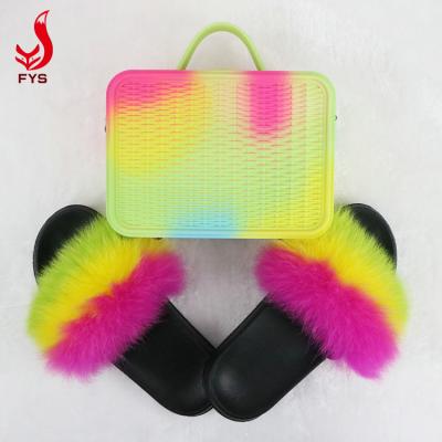 China New Designer Breathable Fox Jelly Fluffy Purse And Fur Slides Purse Set With Matching Purse for sale