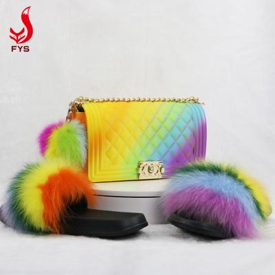 China Wholesale Colorful Breathable Rainbow Jelly Fox Fur Slippers Matching Purse Fur Slides With Purse Set for sale