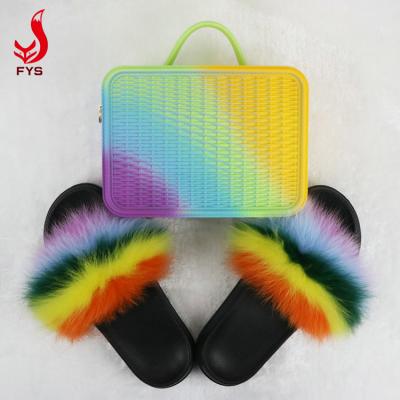 China Custom Purse And Breathable Wholesale Cheap Logo Fury Rainbow Fur Slides Set With Purse For Women for sale