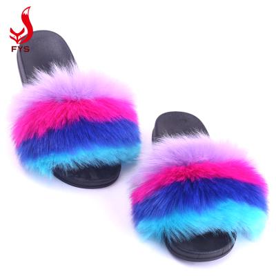 China Breathable Faux Fox Fur Slides Plush Furry Cute EVA Sole Women Faux Designer Slippers for sale