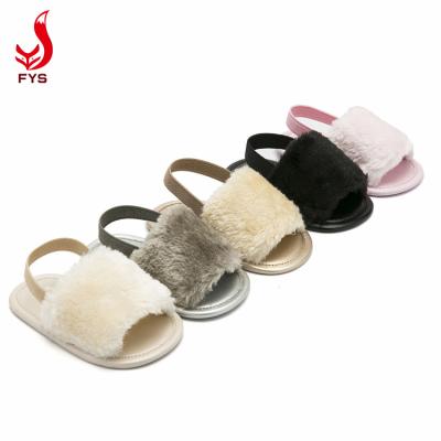 China Breathable Custom Made Comfortable Open Toe Baby Toddler Faux Fur Slippers Kids Faux Fur Open Toe Slides With Logo for sale