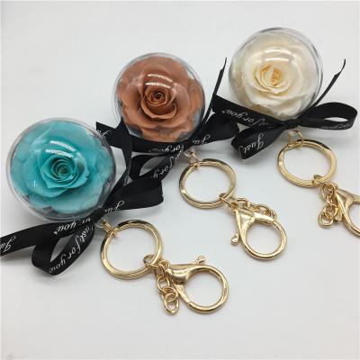 China Wholesale Colorful Preserved Hanging Decoration Roses Flower Ball 4-5 Cm Key Rings Durable Roses Key Chain Durable Roses for sale