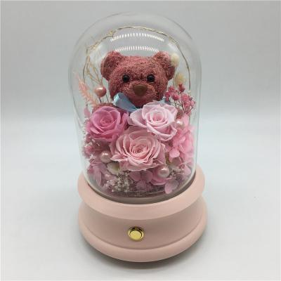 China Home decoration preserved roses flower durable foam bear roses music louder speaker box with LED light valentine gift for sale