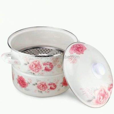 China Sustainable Red Flower Decals Enamel Steamer Pot Cast Iron Enamel Casserole for sale