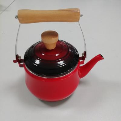 China 1.6 L Sustainable Red Enamel Tea Kettle With Wooden Handle for sale