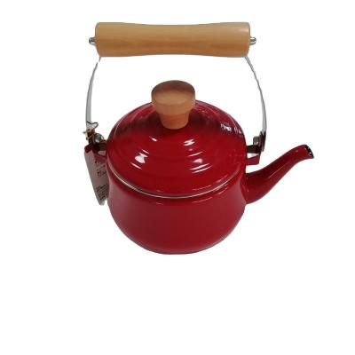 China 361F Sustainable Modern Style 1.6 L Red Enamel Tea Kettle With Wooden Handle for sale