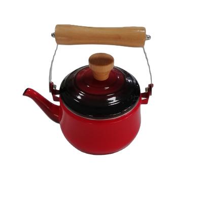 China Sustainable Red Enamel Tea Kettle With Wooden Handle And Customized Acceptable for sale