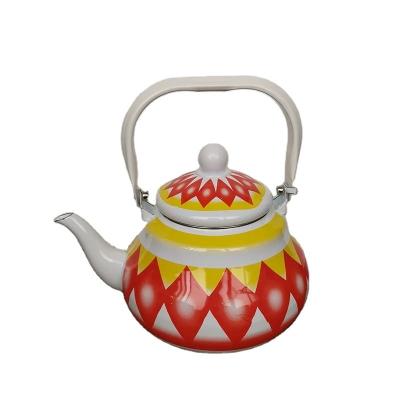 China Sustainable modern design and heat resistant enamel tea kettle with full decal for sale