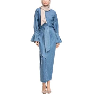 China Anti-wrinkle Fashion Bell Sleeves Denim Abaya Muslim Women Dress for sale