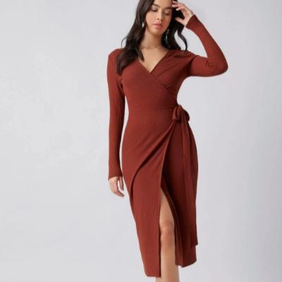 China Fashion Breathable Dress Rib-knit Wrap Belted Dress Casual Wear for sale